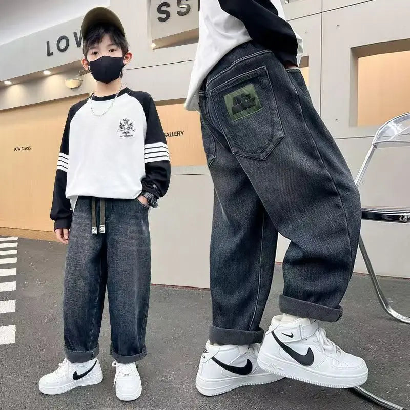 2-8Y Boys Jeans New Autumn Toddler Kid Casual Fashion Demin Pants Ins Cartoon Print Pocket Mid Waist Children Boys Trouser