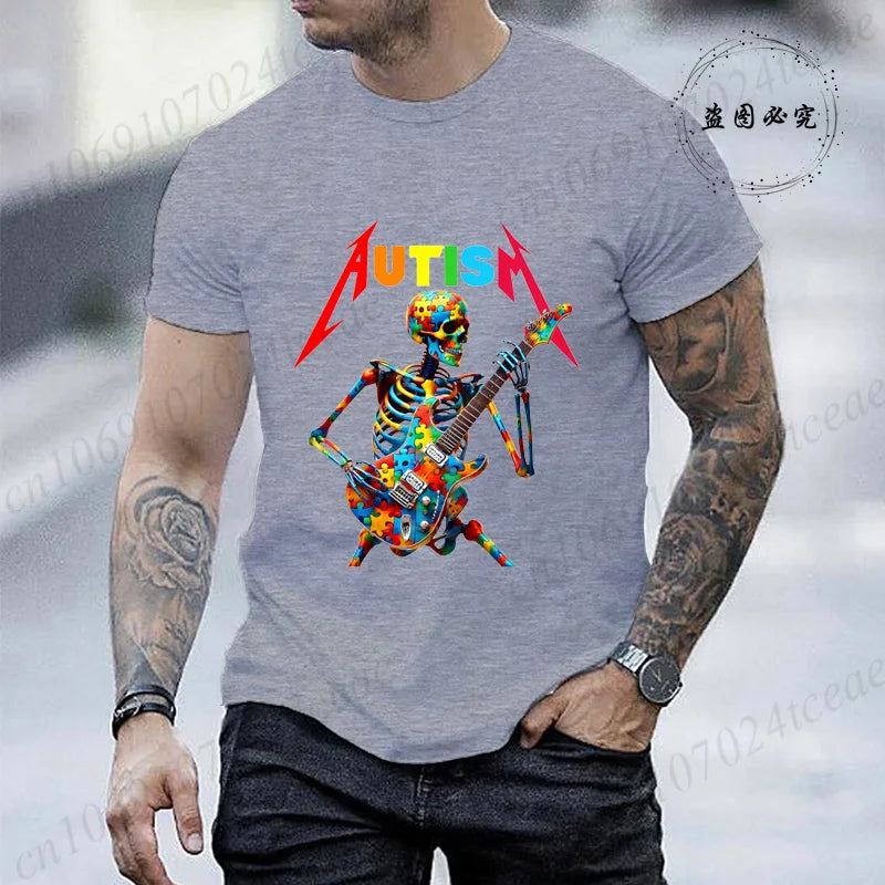 Autism Skeleton Guitar Player Rock Music Autism Awareness Shirt Fashion T-shirt for Men Tops Summer Casual Men's Tshirt Clothing