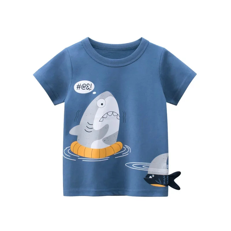 Boys T-Shirts 2-9 Years Cartoon Animals Baby Kids Tees Children Cotton Short Sleeves Summer Tops Car Dinosaur Shark Printing