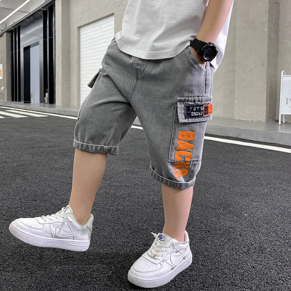 Teen Boys Shorts New Casual Alphabet Cotton Thin Denim Ffabric Children Short Jeans Clothing for Boy 4 6 8 10 12 14 16 Years