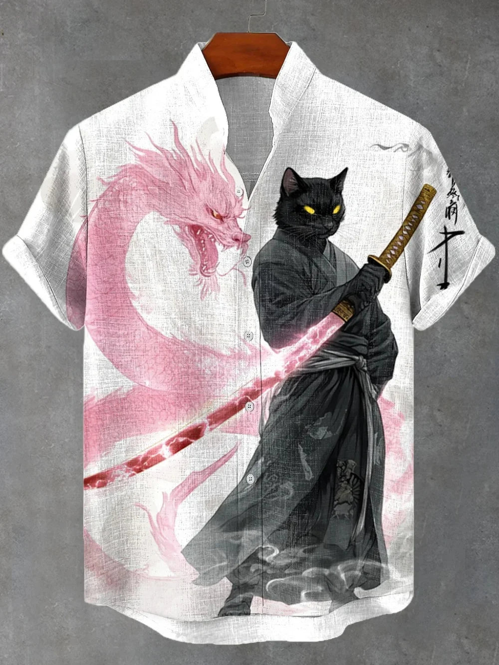 Men's Japanese Retro Art Black Cat Print Shirt Short Sleeve Stand up Collar Single Breasted Casual Linen Top for Vacation