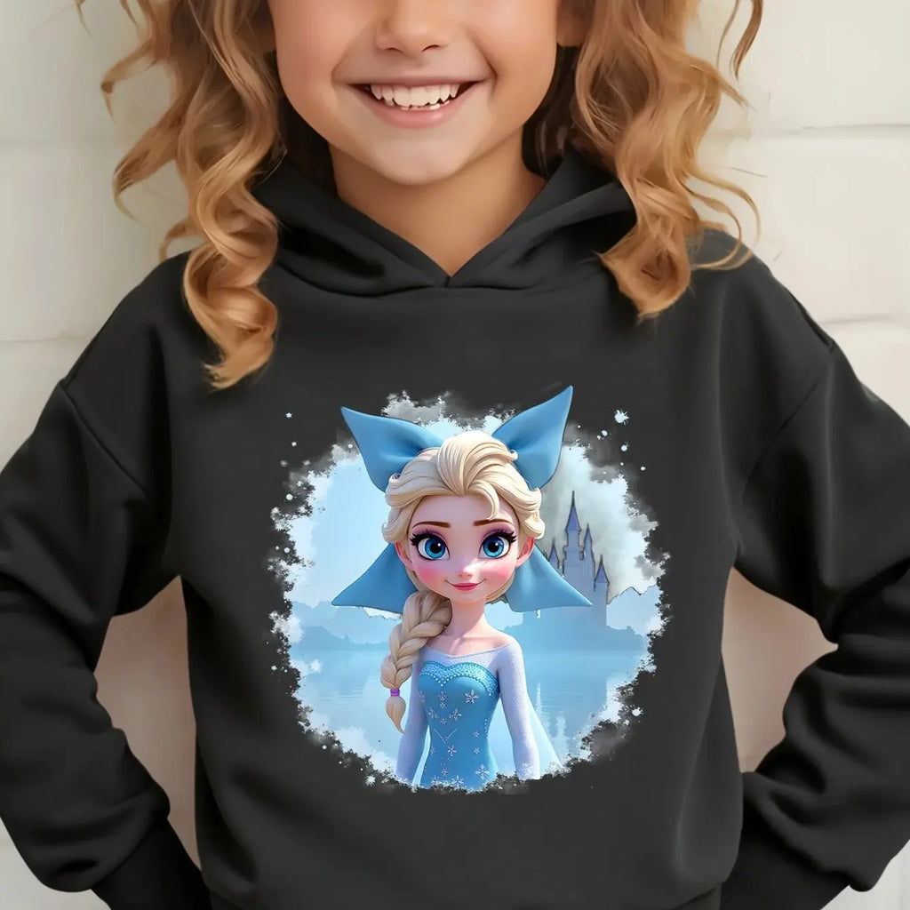 Cute Elsa Pattern Children's Long-sleeved Hooded Sweatshirt for Autumn and Winter Travel Wear Suitable as a Gift for Children