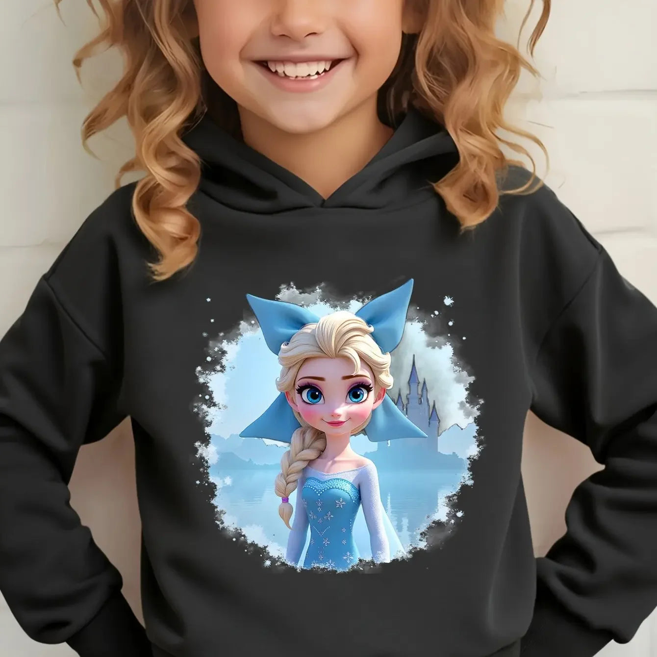 Cute Elsa Pattern Children's Long-sleeved Hooded Sweatshirt for Autumn and Winter Travel Wear Suitable as a Gift for Children