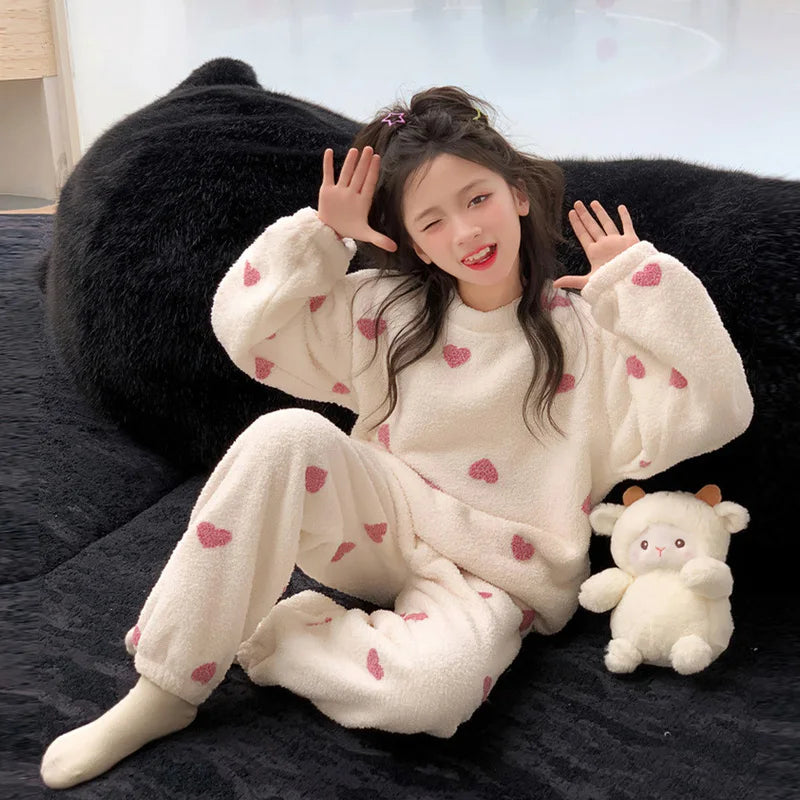 Girls Fleece Suits Kids Warm Padded Pajamas+Pants 2Pcs Outfits Children Autumn Winter Sets Teenager Soft Comfortable Clothing