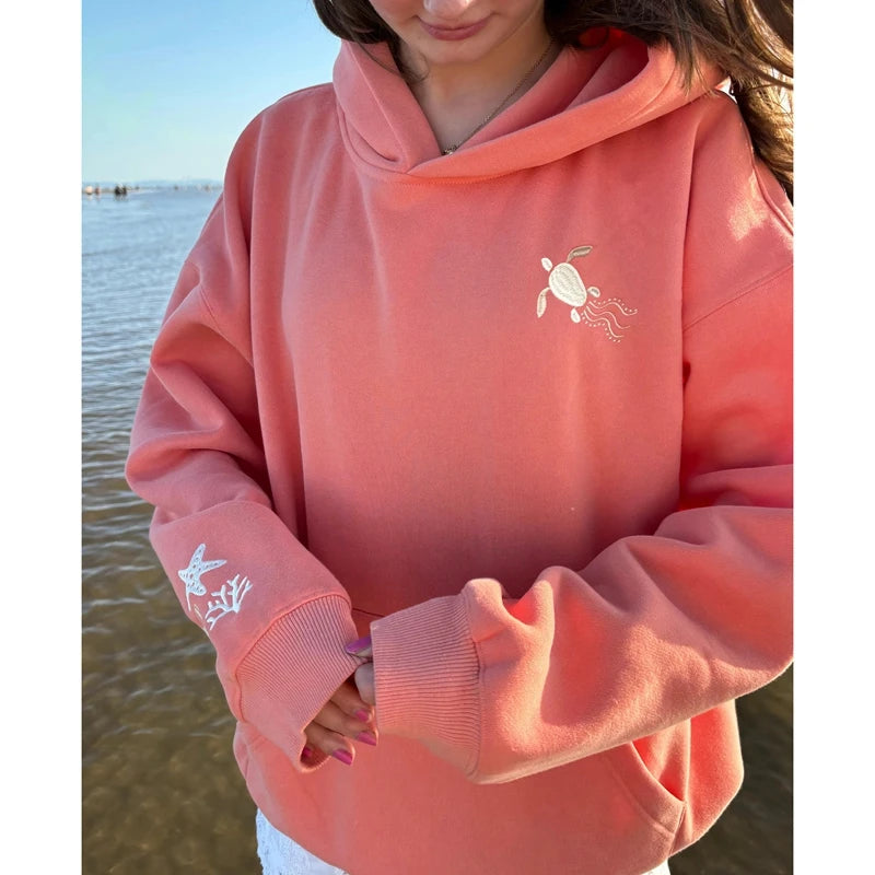 Combhasaki Cute Hoodies for Teen Girls Graphic Embroidery Oversized Preppy Sweatshirt Y2K Long Sleeve Aesthetic Beach Hooded Top
