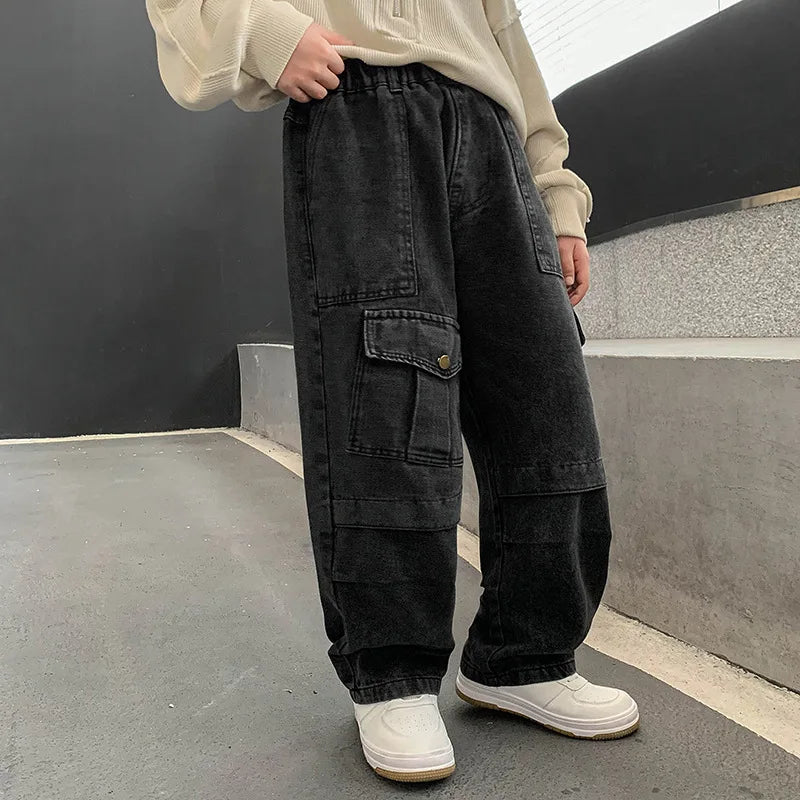 Boys Cargo Jeans New Teenage Children Wide Leg Denim Pants for Kids Loose Pockets Trousers Spring Autumn 4 6 8 10 12 14 16Yrs