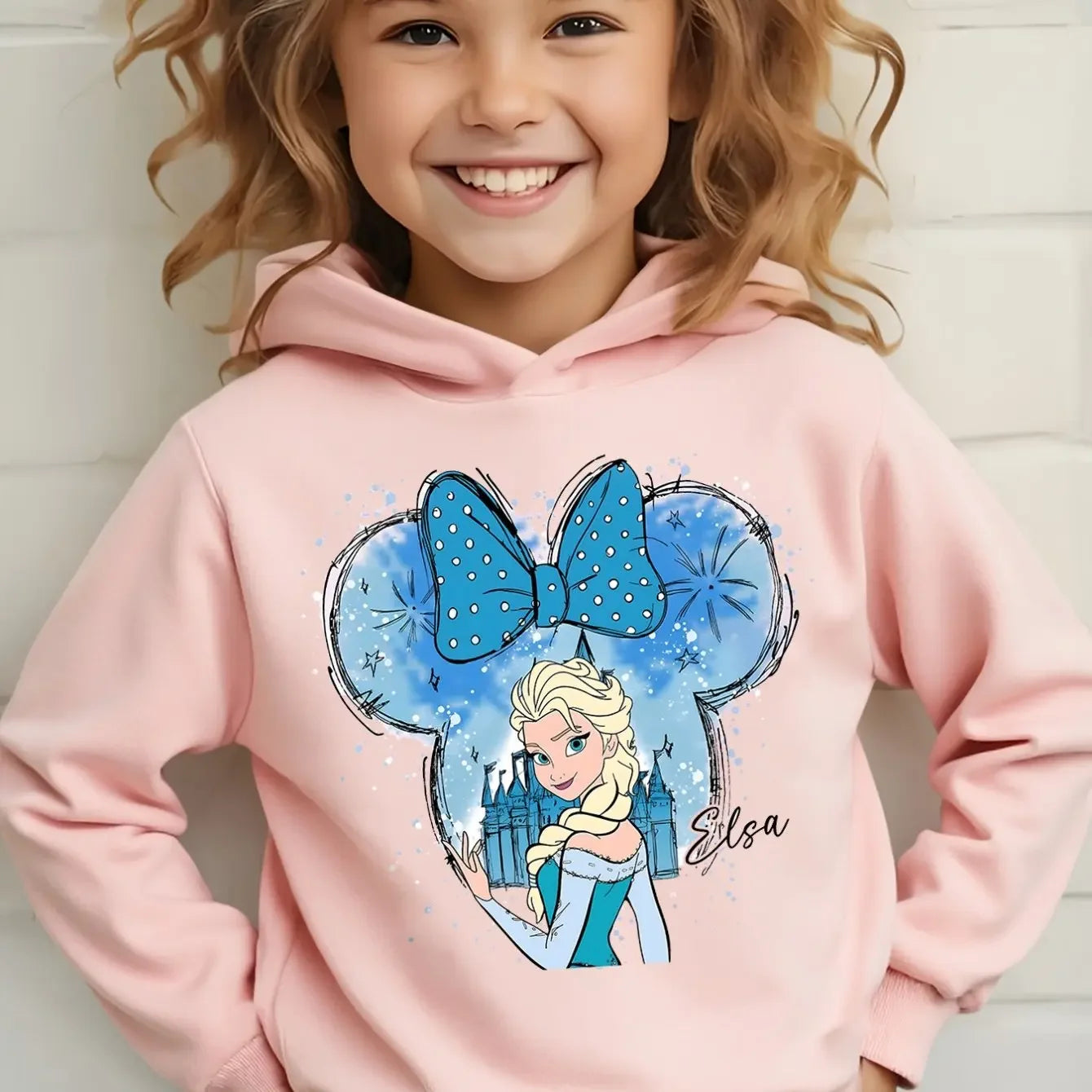 Cute Elsa Pattern Children's Long-sleeved Hooded Sweatshirt for Autumn and Winter Travel Wear Suitable as a Gift for Children