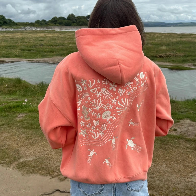 Combhasaki Cute Hoodies for Teen Girls Graphic Embroidery Oversized Preppy Sweatshirt Y2K Long Sleeve Aesthetic Beach Hooded Top