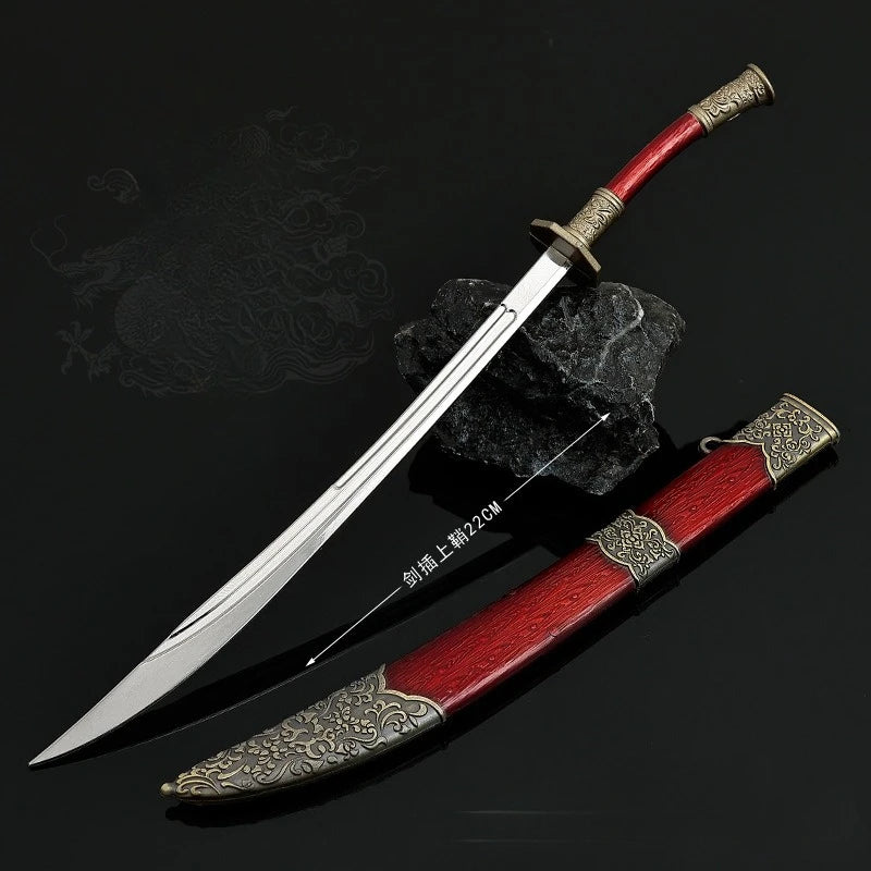 22cm/8.66in Qing Dynasty Model Metal Handicraft Ornament Red Oxtail Knife with Sheath Desktop Display Peripherals Gifts for Boys