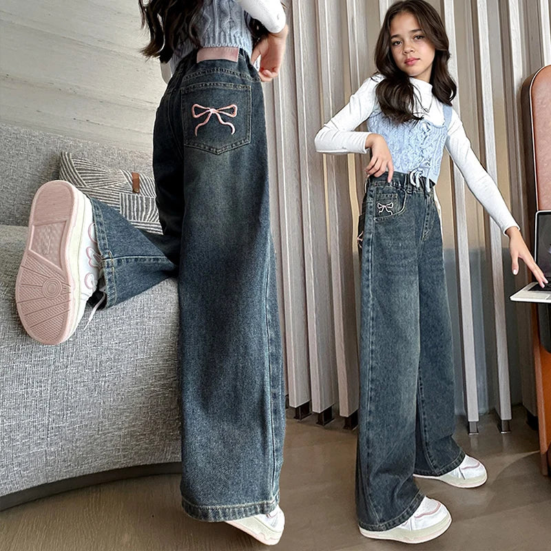 Girls Straight Jeans Autumn Collection Embroidered Pink Bow Detail Suitable for Ages 5-15