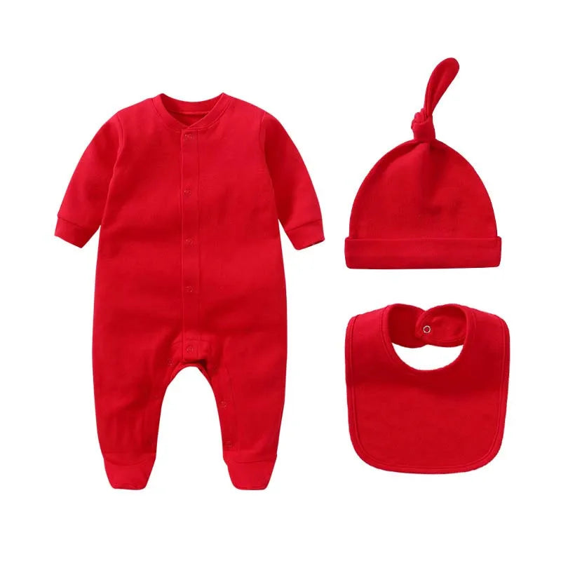 Baby Sets Boys Girls Clothing 100%Cotton Romper Solid Color Long Sleeve Bodysuits+Hat+Bib 3Pcs Set Spring Autumn Newborn Outfits