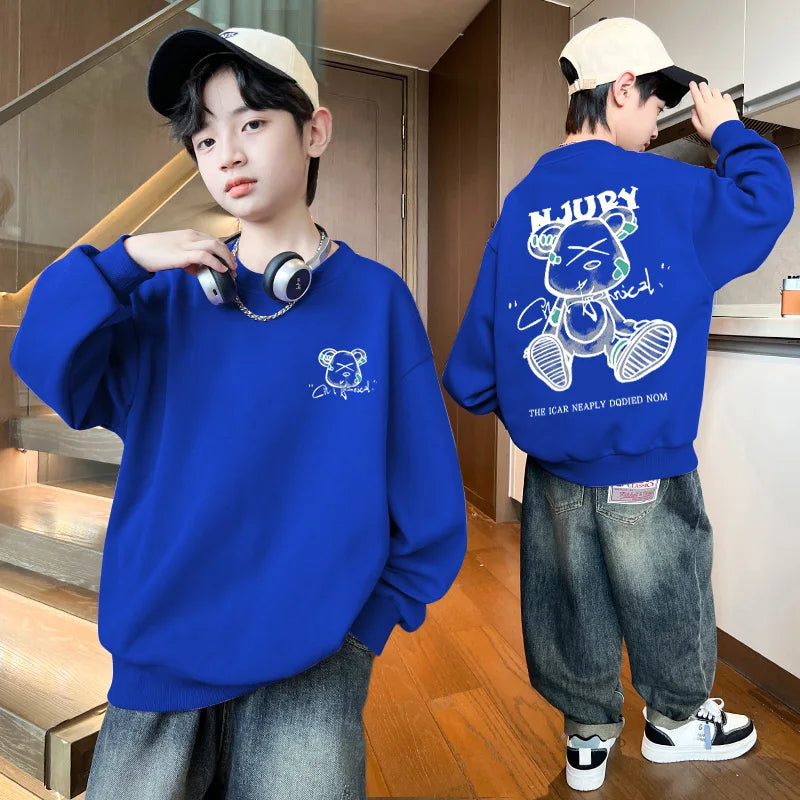 2025 Kids Clothes Boys Cartoon Bear Sweatshirts Loose Sports Round Neck Tops Autumn Clothing T Letter Printed Long-sleeve Hoodie