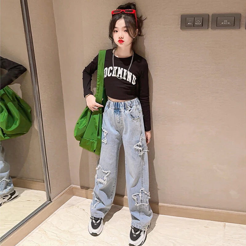 Spring Autumn Teenager Girls Denim Wide Leg Pants Children Trousers New Fashion Star Pattern Girls Jeans 5-14 Years Kids Clothes