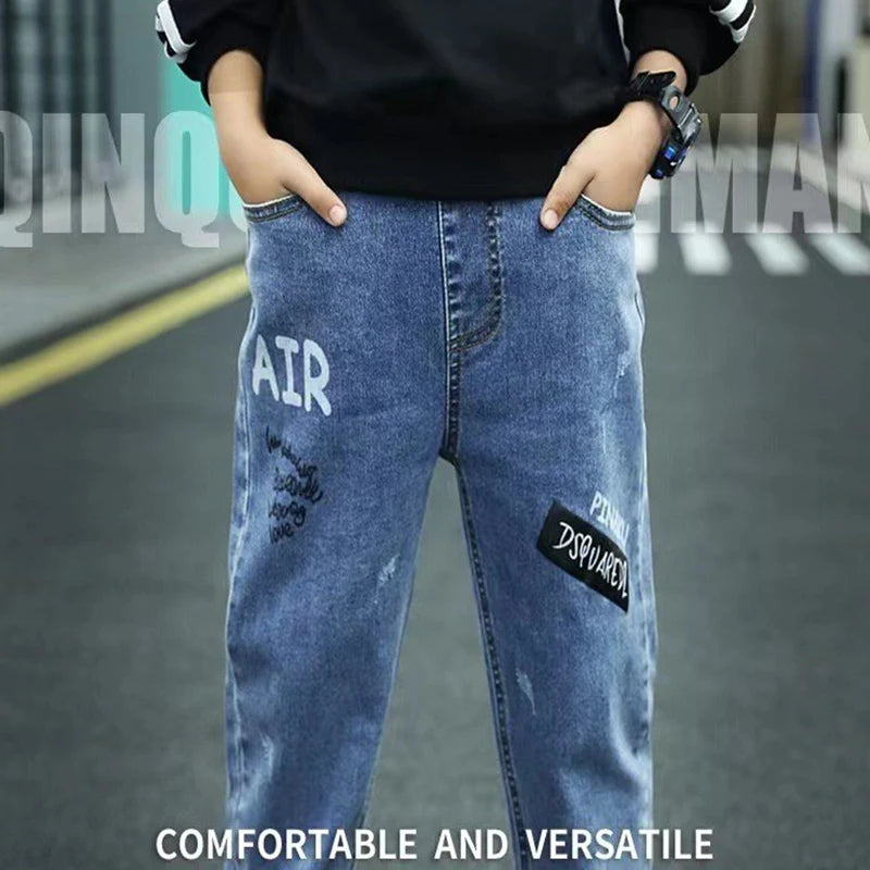 Boys Denim Pants Elastic Waist Trousers Fashion  Letter Print Spring Autumn Teenager Kid Boy Jeans New Casual Clothes 3-12 Years