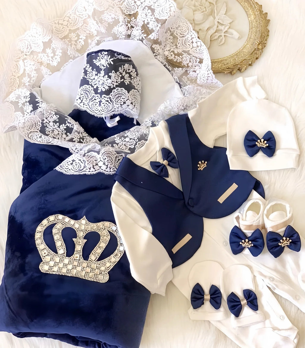 Dollbling Royal Blue Velvet Baby Romper Outfits Set Welcome Home Nursery Infant Nest Luxury Crown Receiving Blanket