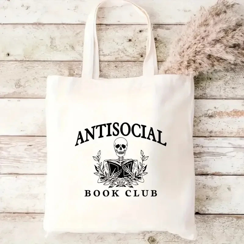 Anti-Social Book Club Tote Bag for Women Canvas Square Tote with Book Lover Spacious for Travel Work School Shopping & Parties