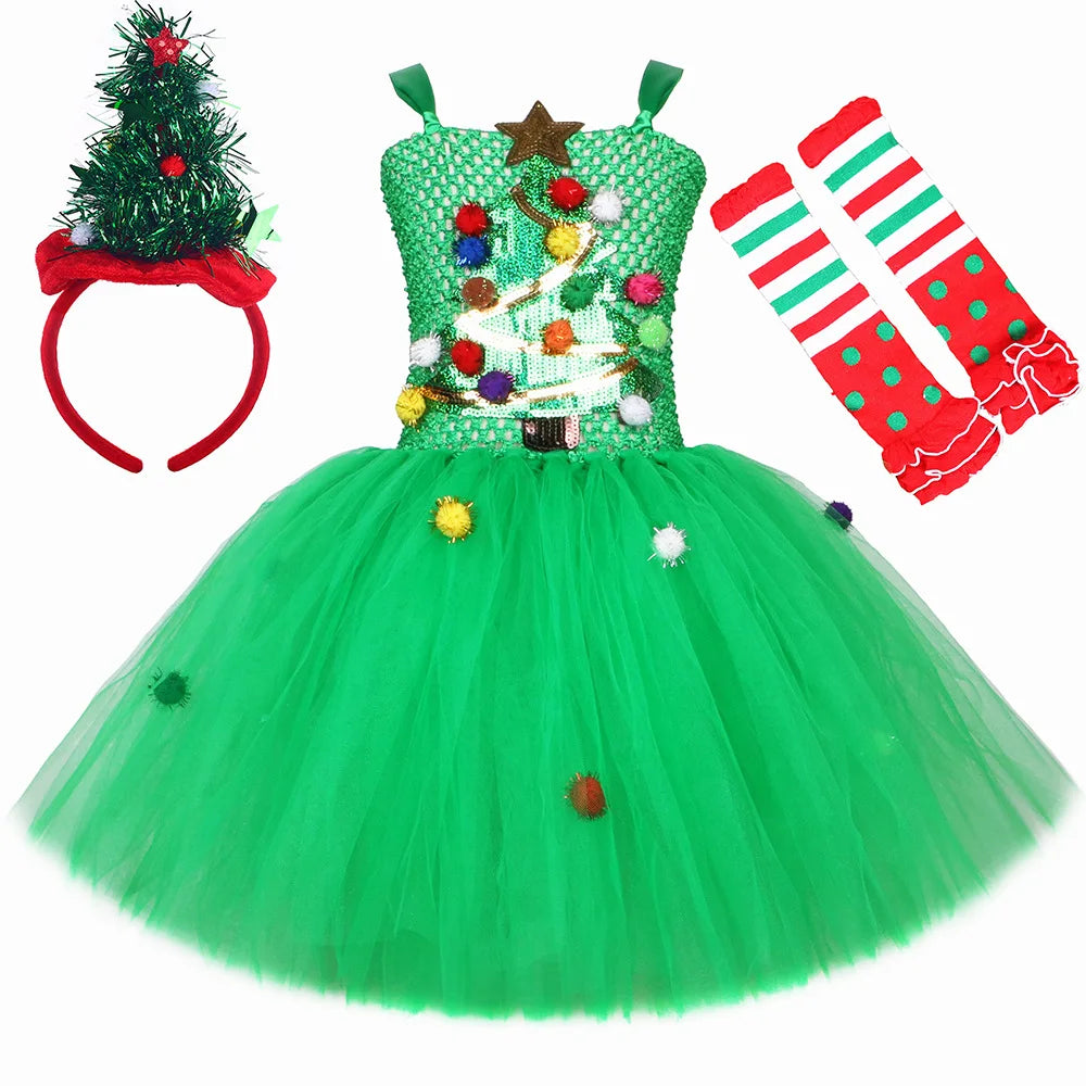 Sparkly Green Christmas Tree Costumes for Girls Flowers Xmas Party Tutu Dress Kids New Year Twinkle Outfit Child Holiday Clothes