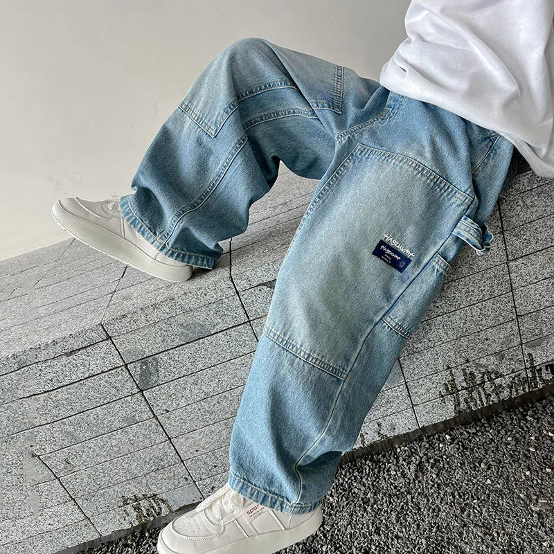 Boys Cargo Jeans New Teenage Children Wide Leg Denim Pants for Kids Loose Pockets Trousers Spring Autumn 4 6 8 10 12 14 16Yrs