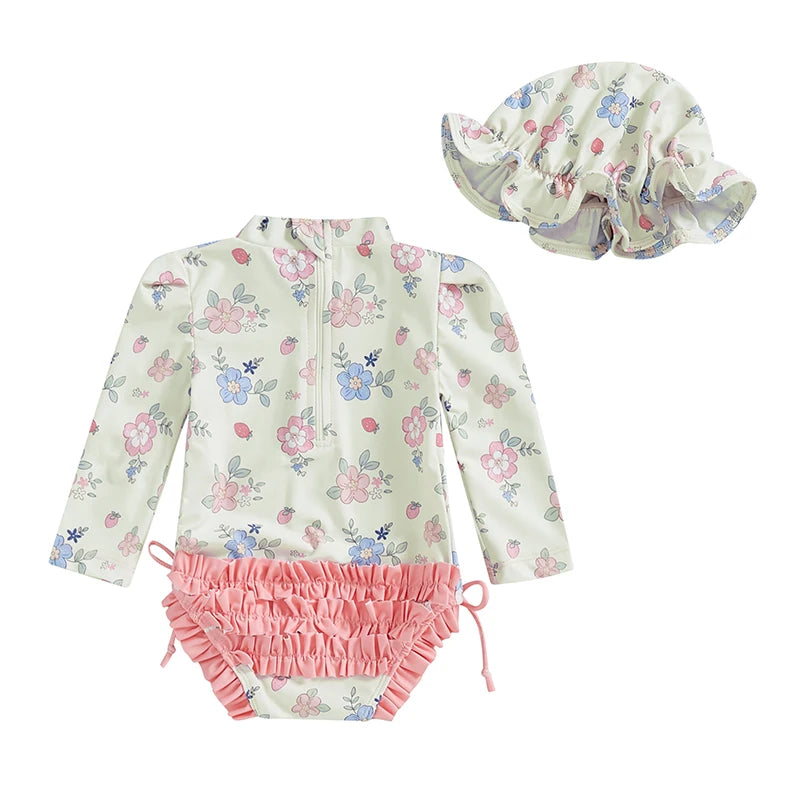 Newborn Baby Girl Swimsuit Summer Adorable Floral/Shell Print Long Sleeve Mock Neck Bathing Suit with Hat Rash Guard Swimwears