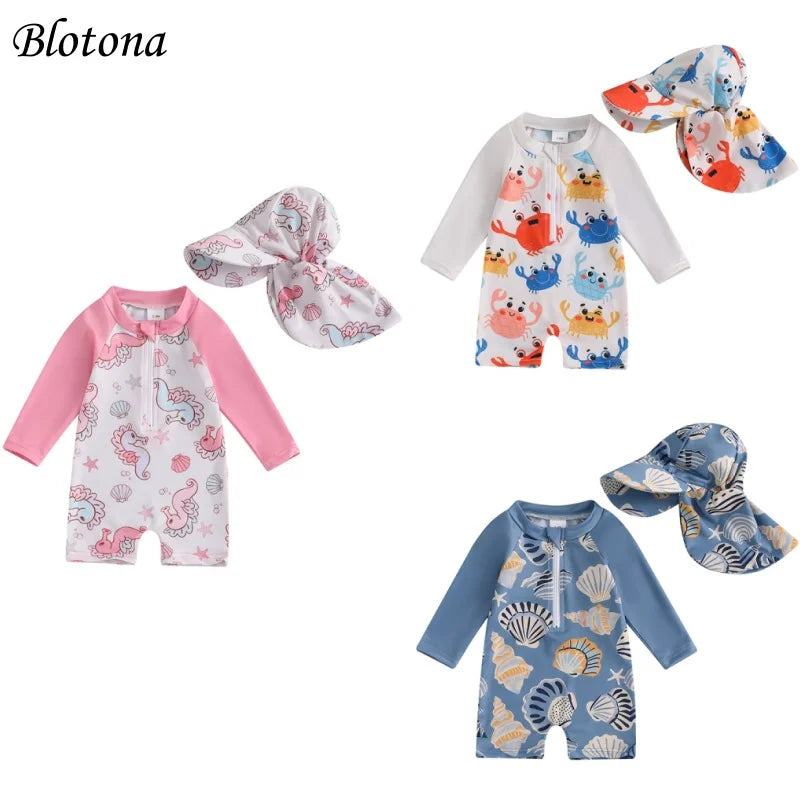 Blotona Toddler Boys Girls Rash Guard Swimsuit with Hat 2Pcs Set Seahorse Shell Pattern Zip Up Long Sleeve O-Neck Baby Swimwears