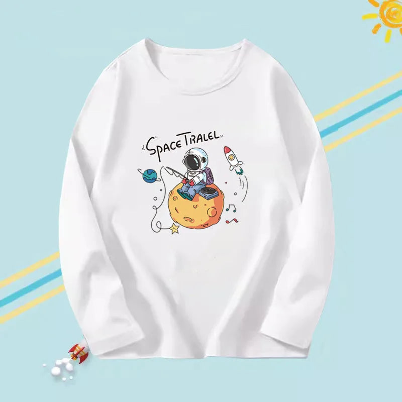 3-14years Boys Funny Astronaut Rope print T-shirt Kids Tops Teens o-neck Long Sleeve Spring Autumn Cool Fashion Clothes