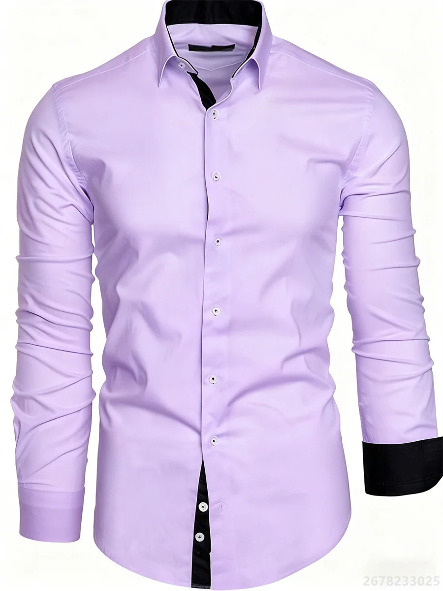 Men's shirt slim fit long sleeve lapel shirt business office fashion solid color black red daily casual men's tops XS-6XL size