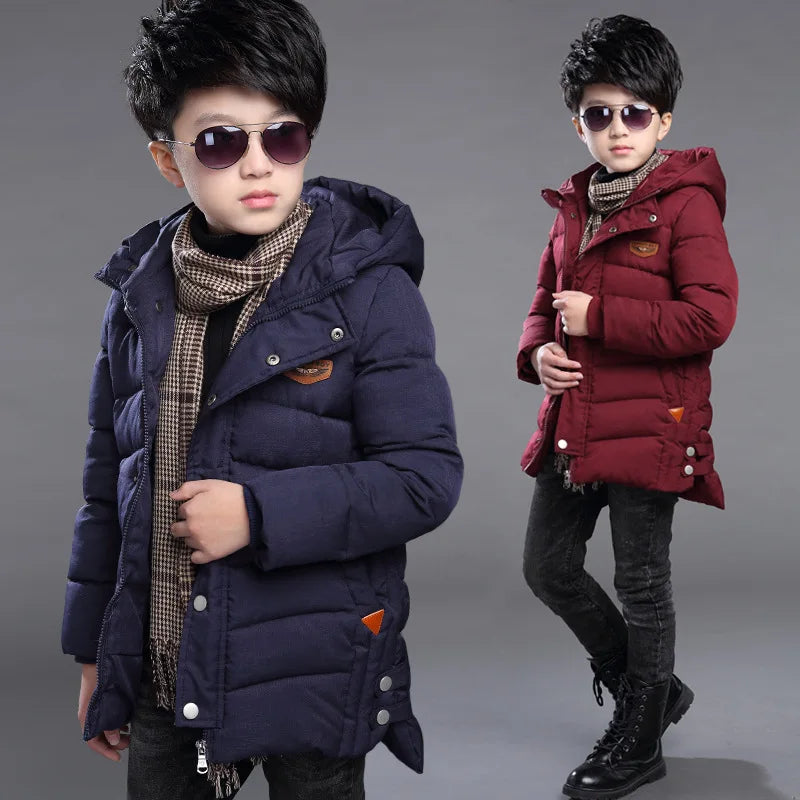Winter New Teen Boys Jacket Long Style Solid Color Thick Keep Warm Hooded Outwear For 5-14 Years Kids Down Cotton Windbreaker