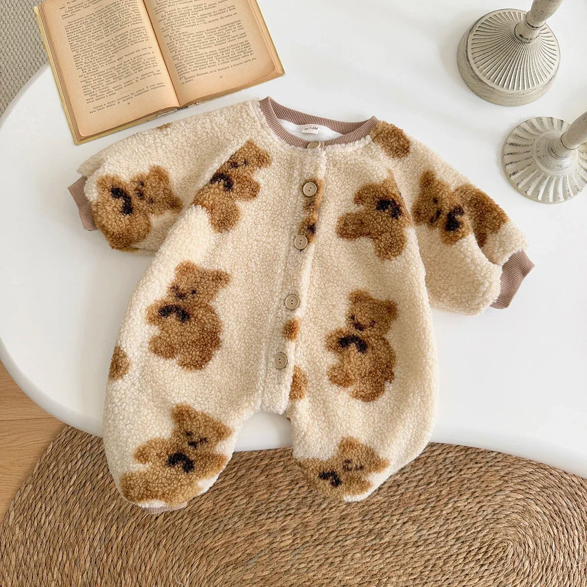 Lamb Fleece Cute Bear Printed Baby Jumpsuit Winter Newborn Baby Girls Boys Long Sleeve Crawling Suit