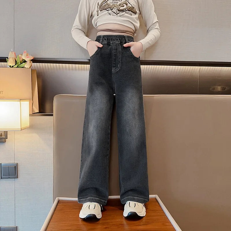 Teenage Girls Jeans 2025 Spring Autumn Casual Fashion Loose Blue Kids Leg Wide Pants School Children Trousers 6 8 10 12 Year