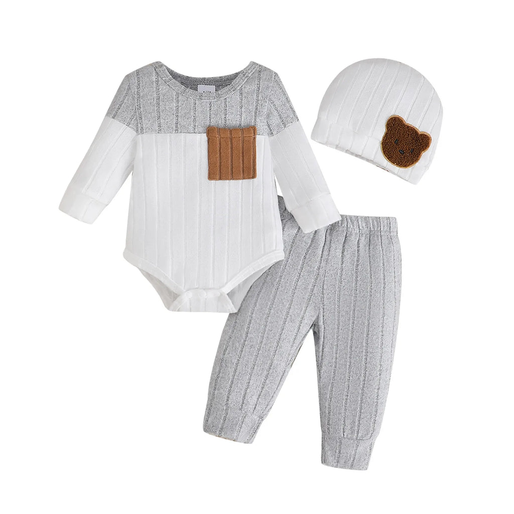 3PCS Newborn Baby Boy Clothes Set Long Sleeved Color Blocked Bodysuit+Gray Pants+Hat Autumn Clothing for Toddlers 1-18 Months