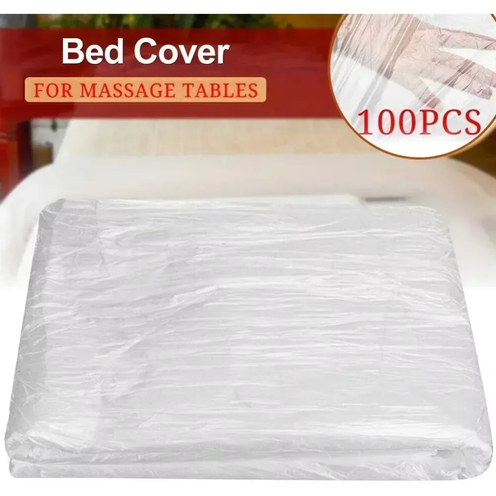 100pcs Disposable Plastic Bed Sheets Cover Bedspread SPA Massage Treatment Table Sheets Transparent Beauty Bed Waterproof Film