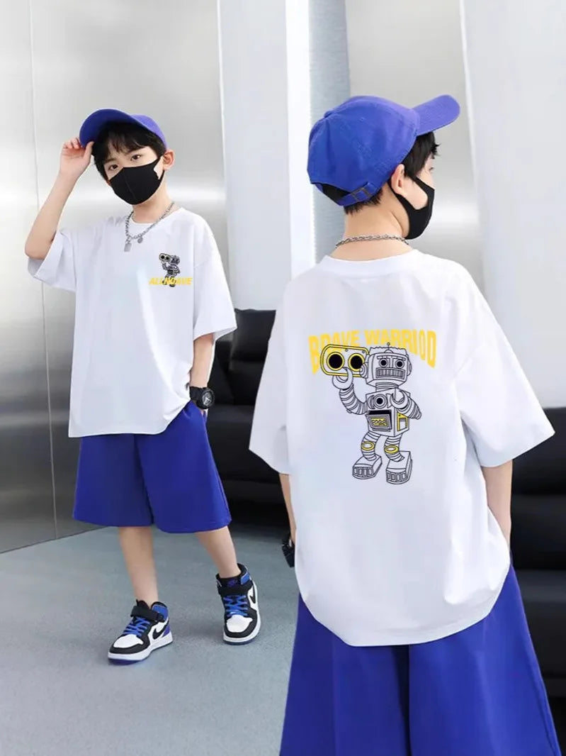 2025 summer Teens Boys Clothes set Outfit Kid robot fashion Tracksuit Child t-shirt top + solid shorts pant 4 7 8 10 12 14 Year