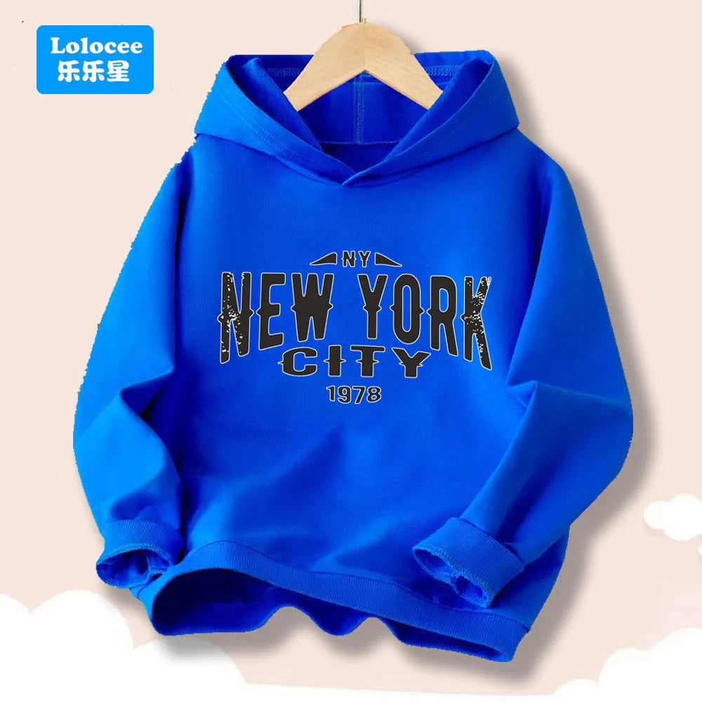New York Letter Graphic Print Hoodies for Boy Girl Long Sleeve Retro Pullover Sweatshirt Teens Autumn Fashion Tops ZMNY1