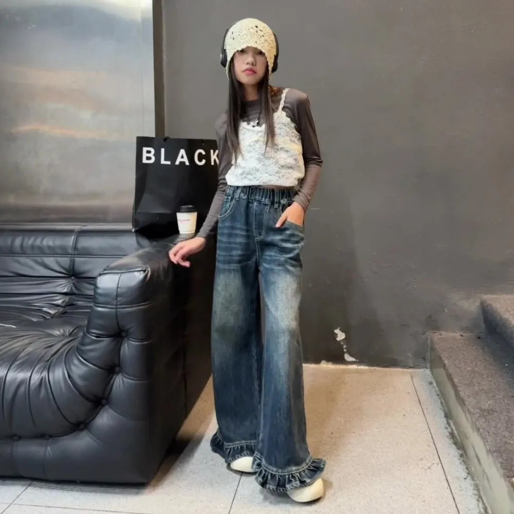Wide Leg Pants Teen Girl Jeans Straight High Waist Children Ruffled Jeans Streetwear Cowboy Girls Denim Trousers Children