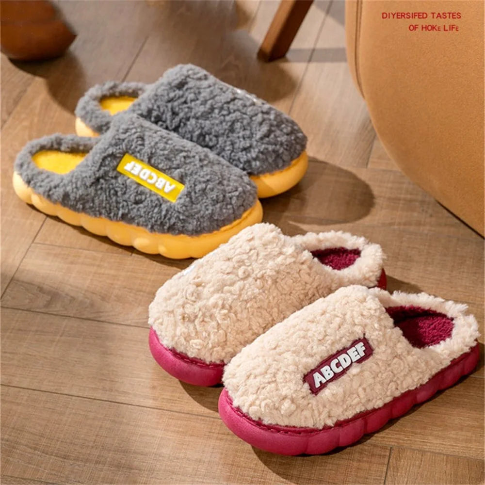 Fashion Winter Plush Couple Cotton Slippers for Women Men Cute Cartoon Anti-slip Solid Color Thick Soles Slides Indoor Home Use