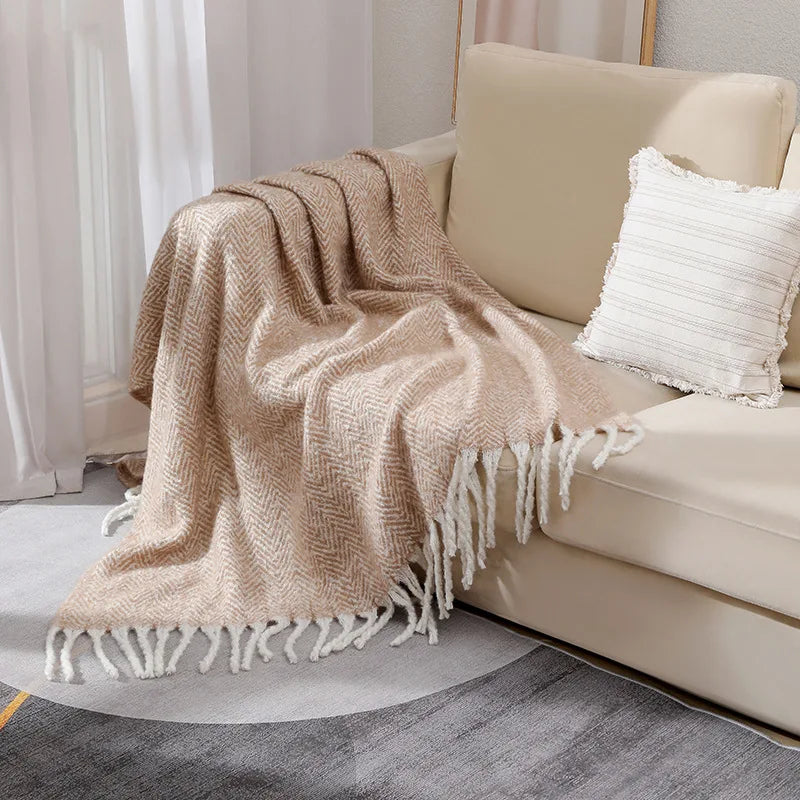 European and American Style Solid Sofa Blanket Napping Air Conditioning Blanket Towel with Tassels Super Soft Cozy Shawl Cushion