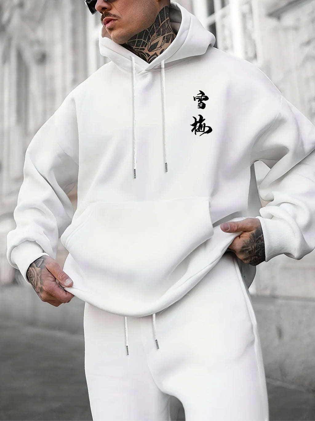 French Terry Men's Casual Hoodie Pocket Loose Fit Floral Print and Lettering Hooded Collar  Autumn Essential Pullover Sweatshirt