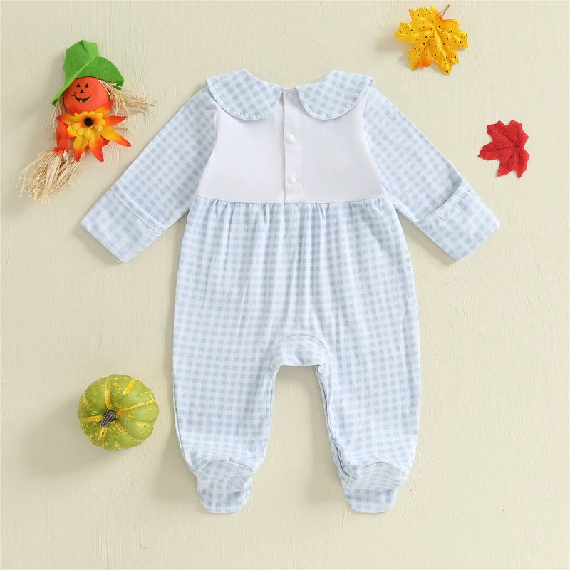 Baby Clothes Baby Girls Boys Halloween Romper Pumpkin Embroidery Plaid Doll Collar Long Sleeve Footie Jumpsuit for Fall