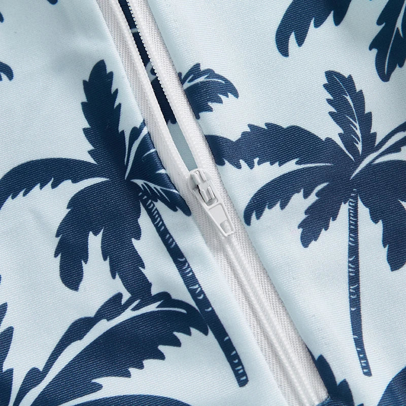 Summer Toddler Infant Baby Boys Girl Rash Guard Swimsuit Coconut Tree Print Short Sleeve Mock Neck Zip Bathing Suit