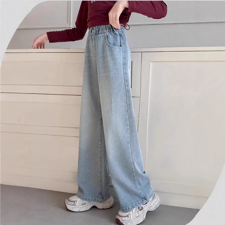 Autumn Young Teenager Girls Denim Pants Elastic Waist Youth Girls Trousers Loose Casual Pure Color Children Girls Jeans