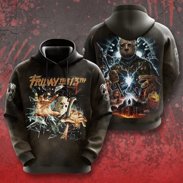 Men's Hoodie 3D Hockey Mask Print 45th Anniversary Edition 1980-2025, Horror Movie Streetwear Pullover for Halloween Cosplay