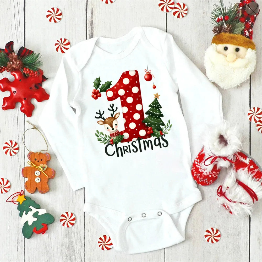 My 1st Christmas Deer Print Baby Romper Newborn Long Sleeve Romper Xmas Toddler Jumpsuit Christmas Party Infant Bodysuit Outfit