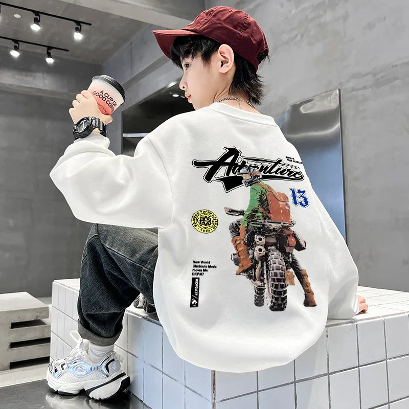 2025 Kids Clothes Boys Streetwear Motorcycle Print Hoodies Sweatshirt Boys Clothing 10 To 14 Years Long Sleeves Children Top