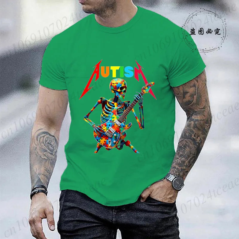 Autism Skeleton Guitar Player Rock Music Autism Awareness Shirt Fashion T-shirt for Men Tops Summer Casual Men's Tshirt Clothing