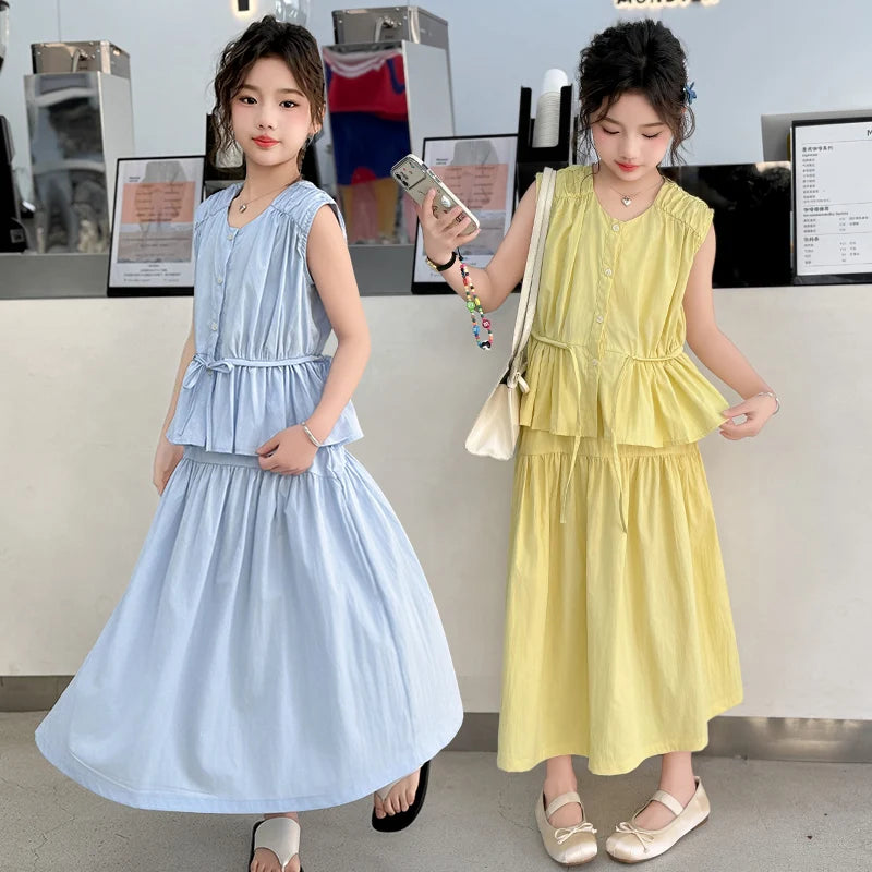 Children Clothing Sets for Girls Summer Teenages Kids Clothes 5-14 Year Girls Fashion Drawstring Sleeveless Top and Skirt Suit