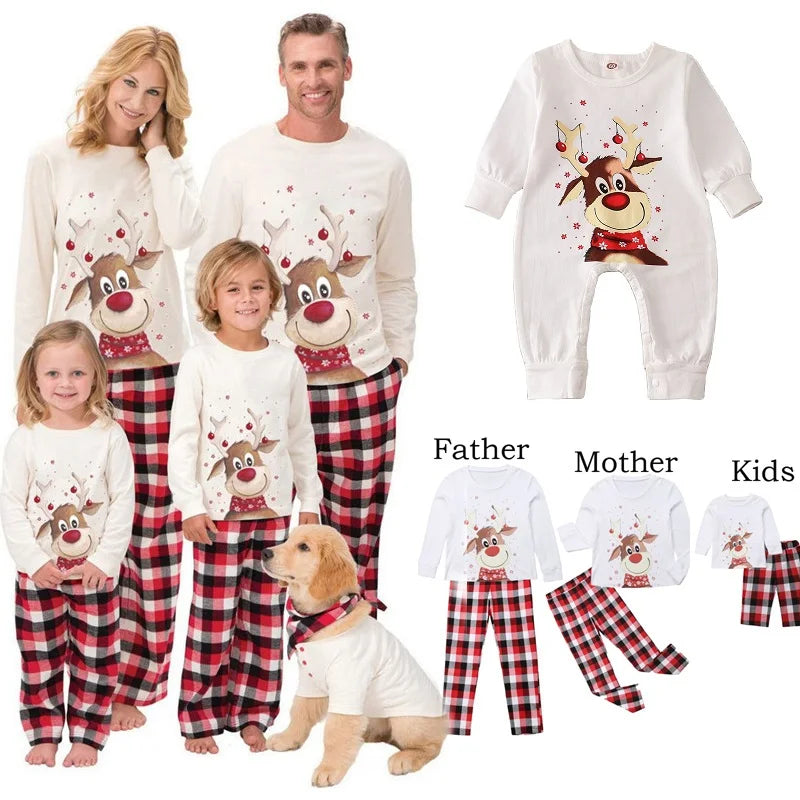 2025 New Family Matching Christmas Pajamas Sets Mother Father Kids Pyjamas Tops+Pants Xmas Sleepwear Baby Romper Pet Dog Clothes