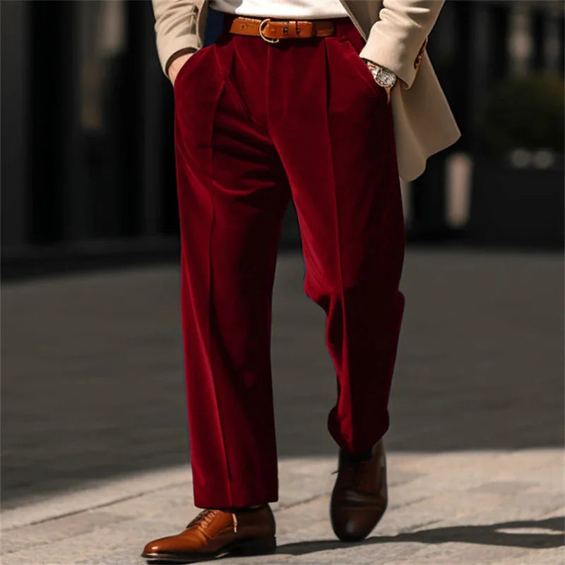 2025 Spring Autumn Men's Solid Color Velvet Suit Pants Business Casual Straight Leg Trousers Male Streetwear Fashion Dress Pants