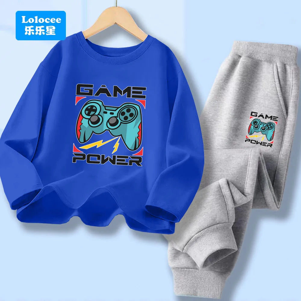 Kids Sport Outfit Teens Spring Autumn Long Sleeve T-shirt Top & Pants 2pcs Sets Boys' Gamepad Printed Tracksuit YXJ01