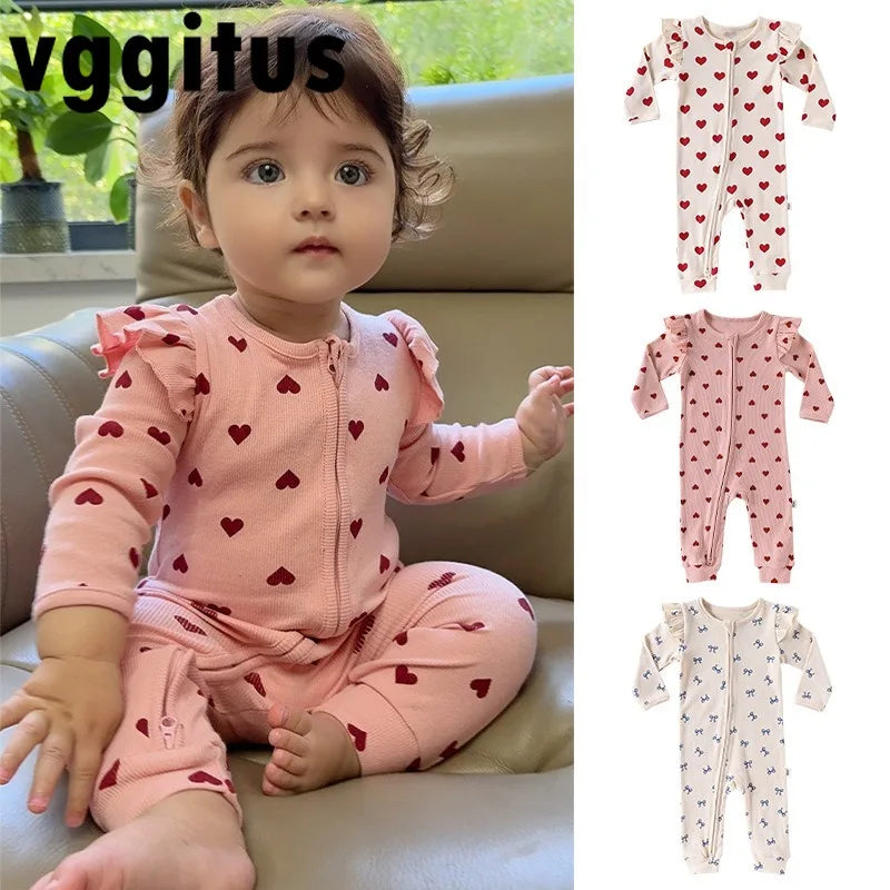 New Spring Autumn Baby Girl Heart Print Romper with Ruffle Long Sleeves Love Heart Zipper Cute One-Piece Newborn Jumpsuit A5127