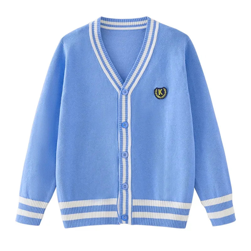 Toddler Girl Cardigan Autumn V-neck Striped Sweaters Teenage Boys Knit Sweater Navy Blue Grey Outerwear Uniform 3 To 18 Years